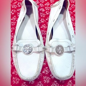 Tory Burch White Leather Boat Shoes, Size 7.5